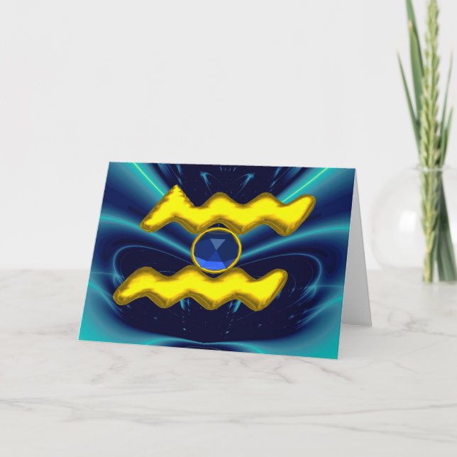 Carte AQUARIUS Blue Sapphire & Gold Zodiac Anniversaire (Devant)