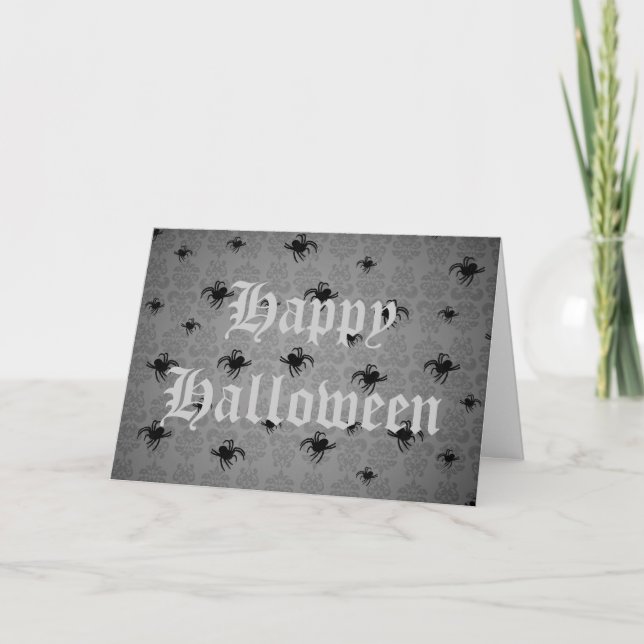 Carte Araignées d'Halloween sur damas gris (Devant)