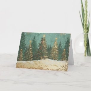 Carte Arbre à pin à huile d'or en scène neigeuse