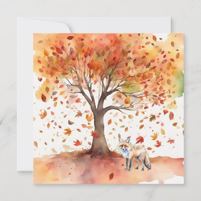 Carte Arbre d'automne avec Feuille en chute et renard aq (Devant)