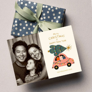 Carte Arbre de fête sur la voiture Famille Photo de