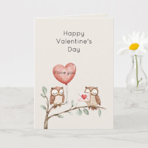 Carte Arbre de la Saint-Valentin aux hiboux et ballon ro