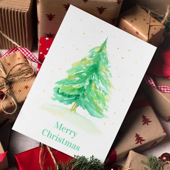 Carte Arbre de Noël à l'aquarelle avec neige dorée (Créateur téléchargé)