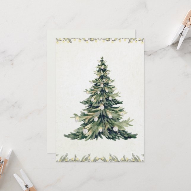 Carte Arbre de Noël Aquarelle Écriture Élégante Non Phot (Devant/Arrière en situation)