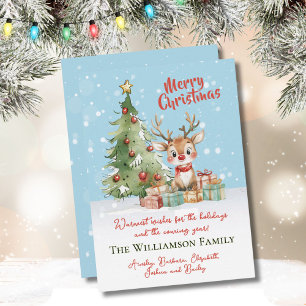 Carte Arbre de Noël aux rennes d'aquarelle mignonn