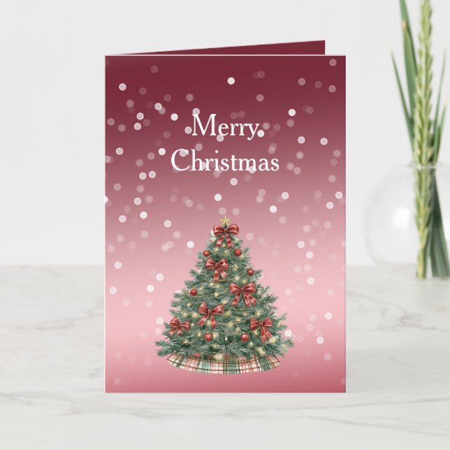 Carte Arbre de Noël avec rubans et points Bokeh rouges e (Devant)