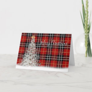 Carte Arbre de Noël blanc et cerf sur Tartan Plaid