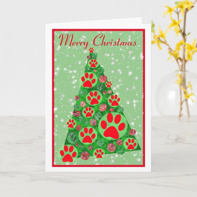 Carte Arbre de Noël blanc Paw Animal Rouge (Fleur jaune)