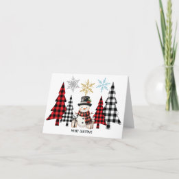 Carte Arbre de Noël bonhomme de neige à carreaux - Joyeu