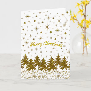 Carte Arbre de Noël en or scintillant, étoiles, neige