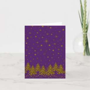 Carte Arbre de Noël en or scintillant, étoiles, neige su