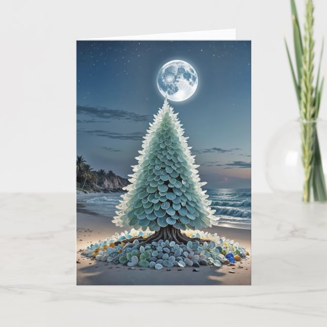 Carte Arbre de Noël en verre de mer sur la plage (Devant)