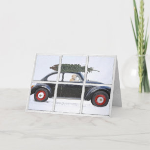 Carte Arbre de Noël en voiture avec chien dans la fenêtr