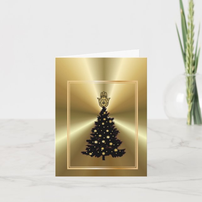 Carte Arbre de Noël Golden Hamsa Chrismukkah Card (Devant)