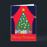 Carte Arbre de Noël vert avec Draps Bleus :<br><div class="desc">Le sapin de Noël est là ! Il y a beaucoup de cadeaux autour de l'arbre. La scène est encadrée par deux rideaux bleus, longs, beaux. Ça va être un grand jour ! Gardez les mots, changez-les ou supprimez-les. Vous pouvez changer une variété de choses sur les lettres, et même...</div>
