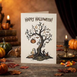 Carte Arbre effrayant d'Halloween avec des fantômes et d