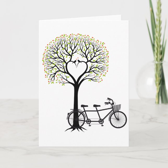 Carte Arbre en forme de cœur avec des oiseaux et bicycle (Devant)
