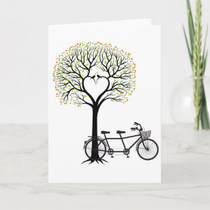 Carte Arbre en forme de cœur avec oiseaux et bicyclette 