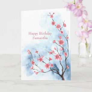 Carte Arbre floral bleu rose personnalisé aquarelle