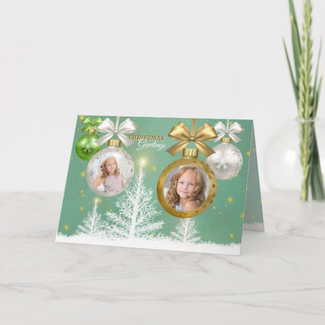 Carte Arbre vert blanc de neige de babiole d'or de Noël (Devant)