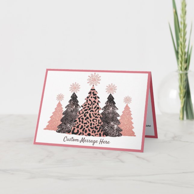 Carte Arbres de Noël Pailletés Élégants Rose Léopard Gri (Devant)