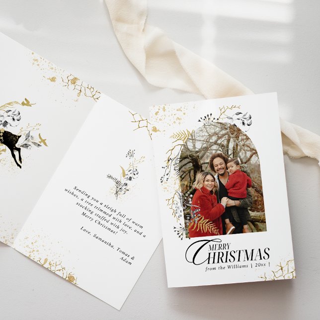 Carte Arc Boho Gold & Black Floral Photo Noël (Créateur téléchargé)