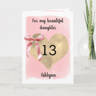 Carte Arc en ruban rose Cœur doré 13e anniversaire Fille