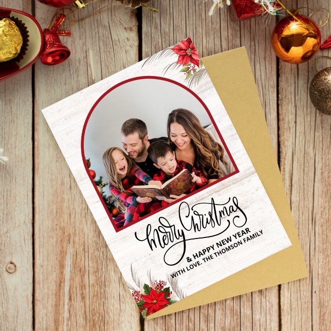 Carte Arch Quelle année en revue Photos Joyeux Noël (rustic christmas cards family photo botanical holly country wood farmhouse)