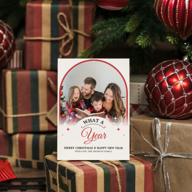 Carte Arch Quelle année pour revoir Multi Photo Noël (arch christmas cards elegant script simple minimalist modern black & white family photo what a year)