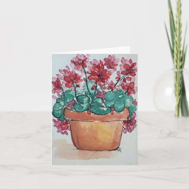 Carte Argile aquarelle rouge géraniums pliés blanc (Devant)
