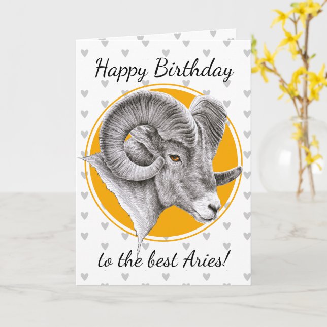Carte Aries signe Zodiac Bighorn Ram Art animal Annivers (Fleur jaune)