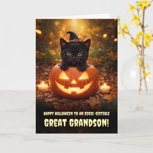 Carte Arrière-petit-fils Joyeux Halloween Mignon Chat No (Fleur jaune)