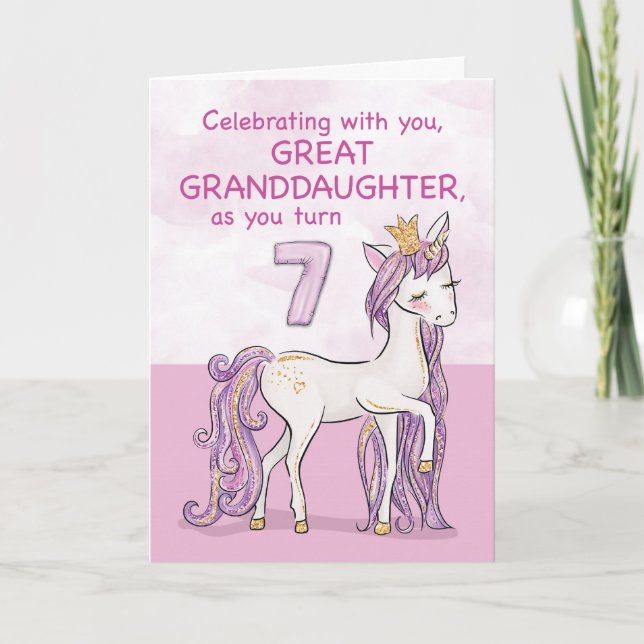 Carte Arrière-petite-fille 7e anniversaire Cheval Rose (Devant)