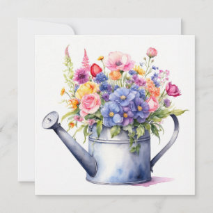 Carte Arrosoir aquarelle avec fleurs de jardin 
