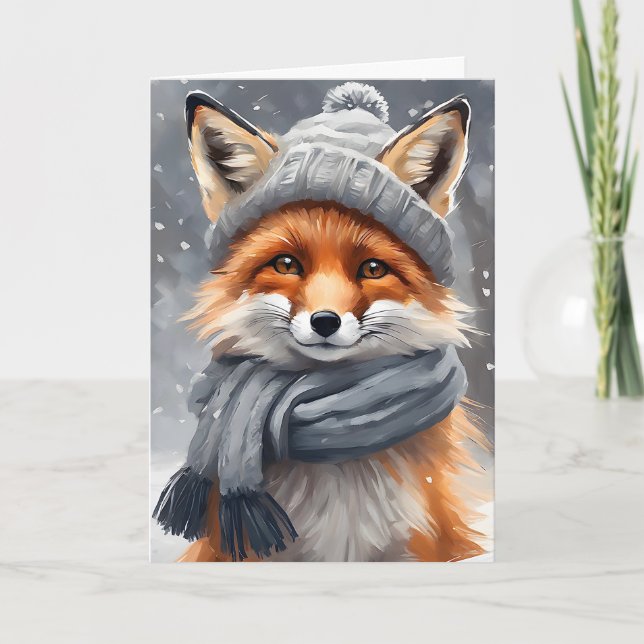 Carte Art à l'aquarelle Renard rouge en chapeau et échar (Devant)