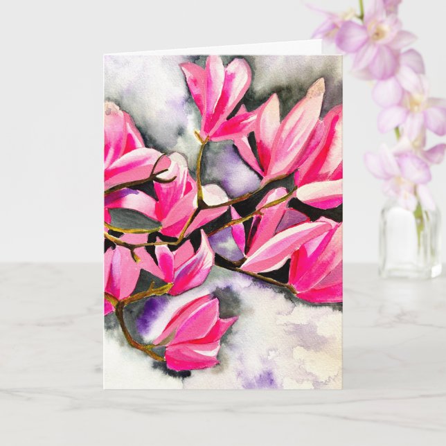 Carte art aquarelle magnolia rose (Orchidée)
