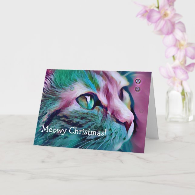 Carte Art Chat rose et Turquoise Noël Meowy (Orchidée)