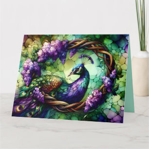 Carte Art de couronne florale de paon en verre coloré