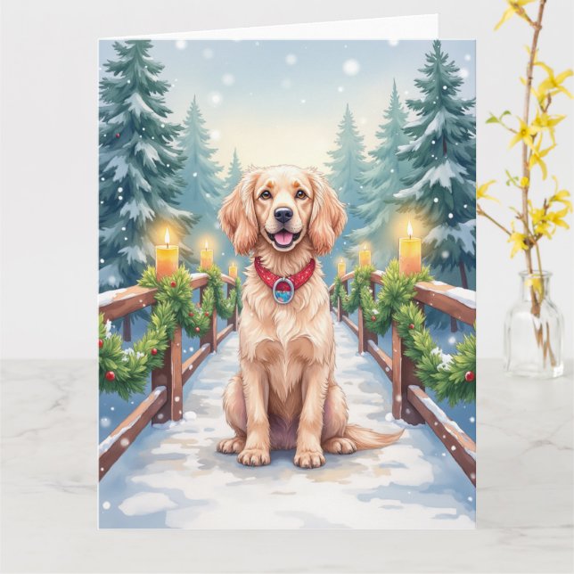 Carte Art de Noël de Boykin Spaniel sur un pont enneigé (Fleur jaune)