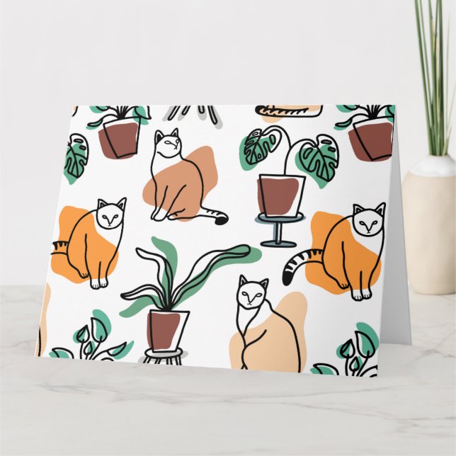 Carte Art de trait dessin chats et fleurs (Devant)