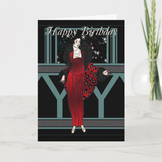 Carte Art Déco Anniversaire Avec Femme En Rouge Et (Devant)