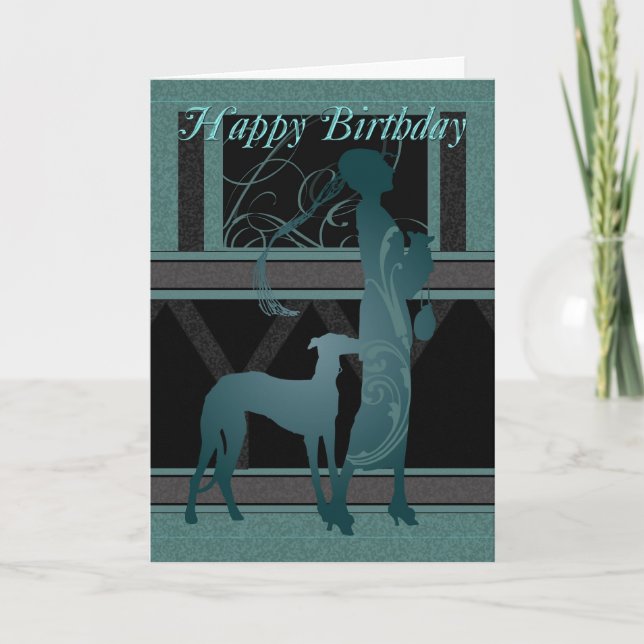 Carte Art Déco Anniversaire Avec Femme Et Chien (Devant)