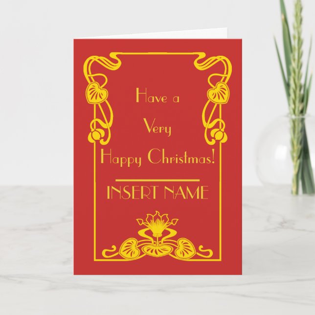 Carte Art Déco Calligraphie Rouge Or Noël (Devant)