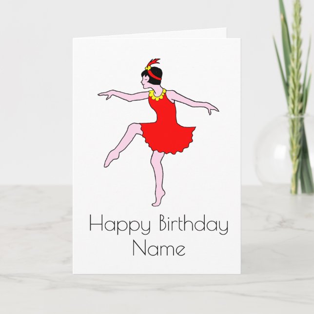 Carte Art Déco Danseuse Robe Rouge Anniversaire (Devant)