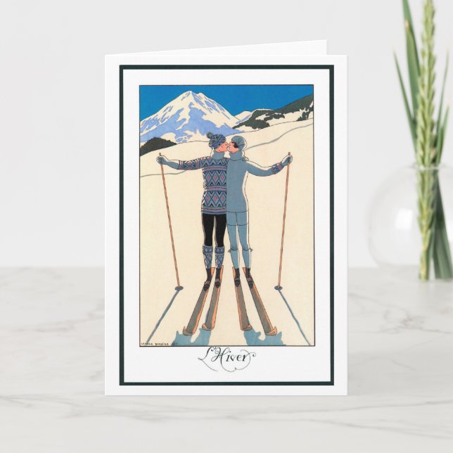 Carte Art Déco vintage, Amants en Neige par George Barbi (Devant)