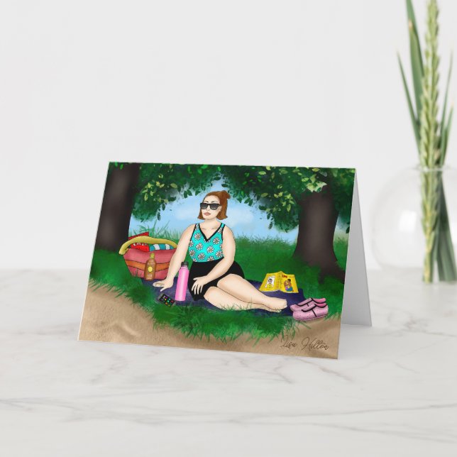 Carte Art dessiné à la main | Femme Se détendre à la pla (Devant)