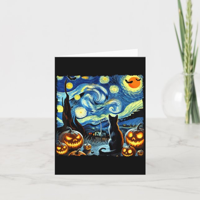 Carte Art étoilé Halloween Nuit Art Chat Noir (Devant)