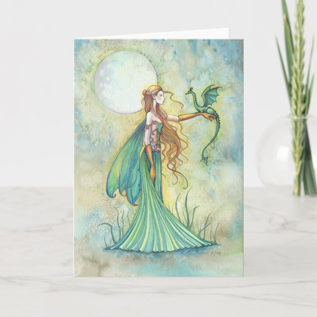 Carte Art fantastique de Fée verte et Dragon (Devant)