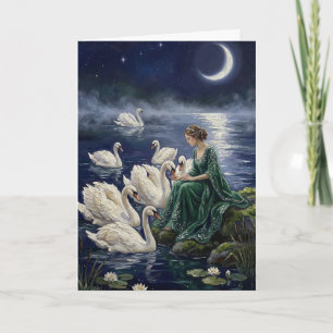Carte Art fantastique de lune sur lac avec cygnes celtiq