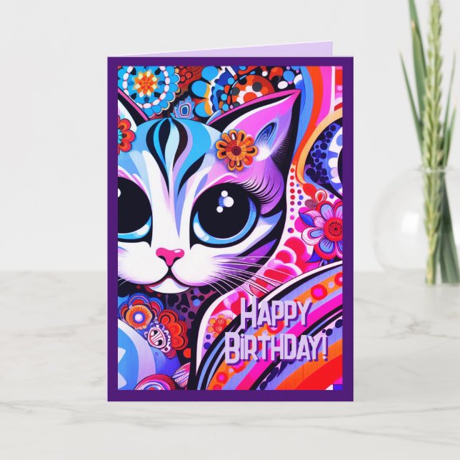 Carte Art folklorique mexicain Abstrait Kitty Chat Anniv (Devant)